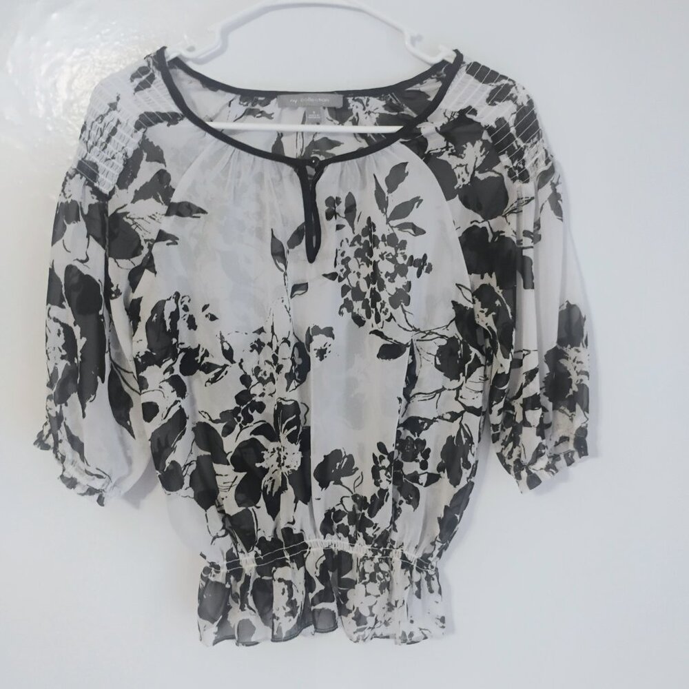 NY Collection Floral Peplum Blouse Black White Boho Top S - Picture 2 of 4